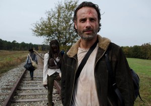 Carl Grimes (Chandler Riggs), Michonne (Danai Gurira) and Rick Grimes (Andrew Lincoln) - The Walking Dead _ Season 4, Episode 15 - Photo Credit: Gene Page/AMC